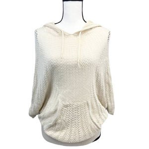 Free People Loose Knit Off White Cream Hooded Pull Over Sweater Medium